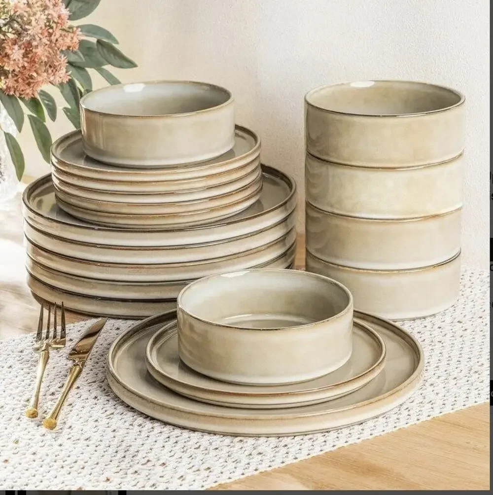 Stoneware Dinnerware handcrafted 18pc, set serves 6, Cappuccino